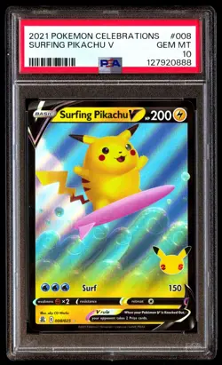 PSA 10 Surfing Pikachu V 008 Pokemon Celebrations 2021 - Image 1