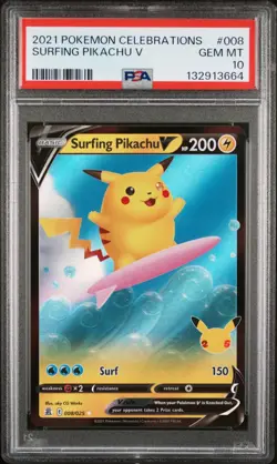 2021 POKEMON CELEBRATIONS #008/025 SURFING PIKACHU V PSA 10 - Image 1