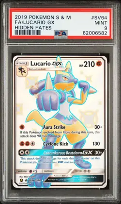 2019 POKEMON SUN & MOON HIDDEN FATES #SV64 FULL ART/LUCARIO GX PSA 9 - Image 1