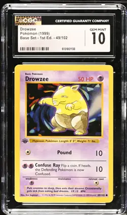 CGC 10 GEM MINT Drowzee 49/102 1st Edition Shadowless Base Set Pokemon Card - Image 1