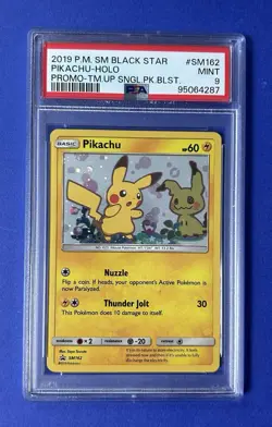 2019 PM SM Black Star Pikachu Holo Promo TM UP SNGL.PK.BLST #SM162 PSA 9 MINT - Image 1