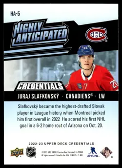 2022-23 Upper Deck Credentials Highly Anticipated Juraj Slafkovsky RC #HA-5 - Image 2