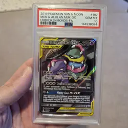 Pokemon Card Muk & Alolan Muk GX 197/214 Alt Art Unbroken Bonds Tag Team PSA 10 - Image 1