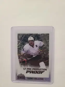 Teemu Selanne 1/1 Leaf Pre Production Proof Rare White Shimmer Anaheim Ducks - Image 1