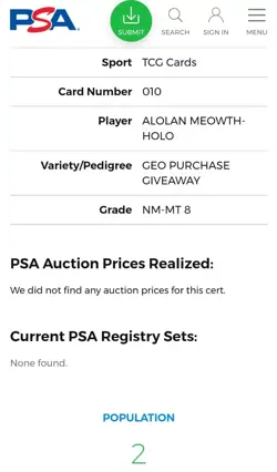 Pokemon Card - Alolan Meowth Holo 010/SM-P Sun & Moon Japanese Promo PSA 8 POP 2 - Image 3