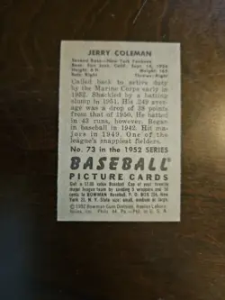 1952 BOWMAN # 73 JERRY COLEMAN NEW YORK YANKEES EX-MT BEAUTIFUL CARD - Image 3