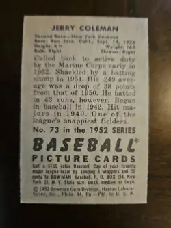 1952 BOWMAN # 73 JERRY COLEMAN NEW YORK YANKEES EX-MT BEAUTIFUL CARD - Image 4