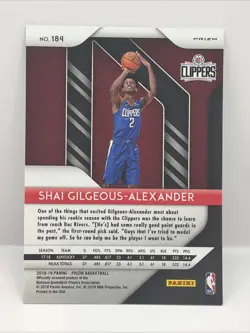 2018-19 Panini Prizm Shai Gilgeous-Alexander Prizm Silver RC #184 Clippers - Image 2