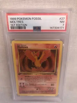 PSA 7 WOTC 1999 1st Edition Fossil Moltres 27/62 Non Holo Rare Card NM - Image 1