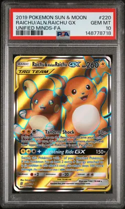 2019 Pokemon Unified Minds Raichu & Alolan Raichu GX 220/236 PSA 10 - New Cert - Image 1