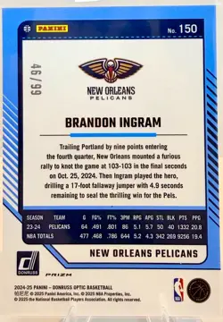 2024-25 Nba Panini Donruss Optic - Brandon Ingram #150 - Red Gold /99 - Pelicans - Image 2