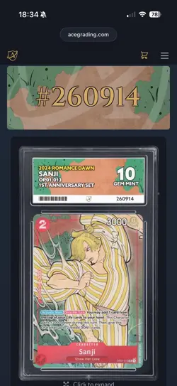 Sanji OP01-013 - 1st Anniversary Set Promo One Piece ACE 10 Graded Perfect Subs - Image 3