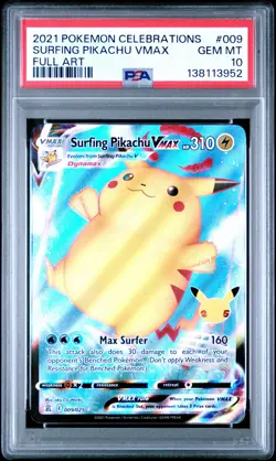 2021 Pokemon Celebrations #009 Surfing Pikachu Vmax PSA10 - Image 1