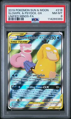 Pokemon TCG Unified Minds Slowpoke & Psyduck GX Alternate Full Art 218/236 Psa 8 - Image 1