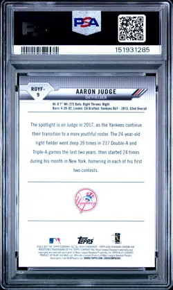 2017 Bowman Rookie Of The Year ROY Favorites AARON JUDGE PSA 10 Gem Mint Yankees - Image 2