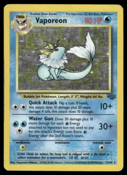 Pokemon Cards Vaporeon 12/64 Unlimited Holo Jungle WOTC Rare MP - Image 1