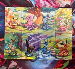 Pokemon Prismatic Evolutions Mini Tin Art Cards Full Set Display (8 Cards) - Image 1
