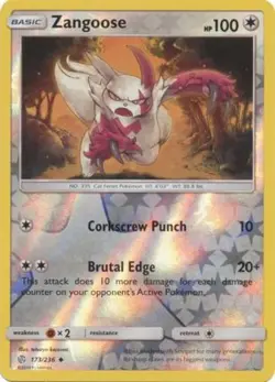 Pokemon - Zangoose - 173/236 - Uncommon - Reverse Holo - Sun & Moon Cosmic Eclip - Image 1