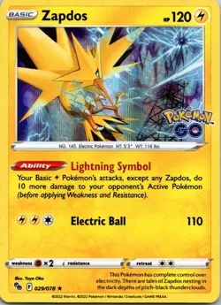 Zapdos 029/078 Pokemon GO Pokemon TCG Holo Rare NM - Image 1