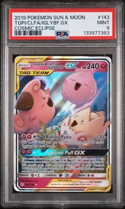 2019 POKEMON COSMIC ECLIPSE #143/236 TOGEPI CLEFFA & IGGLYBUFF GX PSA 9 - Image 1