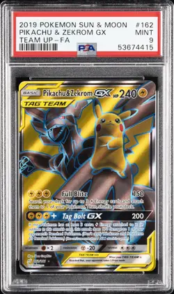 2019 POKEMON SUN & MOON TEAM UP #162 FULL ART/PIKACHU & ZEKROM GX PSA 9 - Image 1