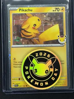 Pokemon TCG promo card featuring Pikachu with a Pokemon Day stamp 2026 - Image 1