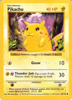 Pikachu 58/102 Common Base Set Shadowless Pokemon Unlimited Moderately Played - Image 1
