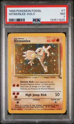 1999 POKEMON FOSSIL #7 HITMONLEE-HOLO PSA 7 - Image 1