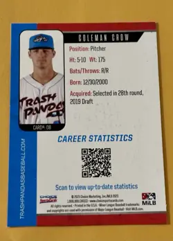 Coleman Crow SIGNED 2023 Rocket City Trash Pandas Card Milwaukee Brewers RC Auto - Image 2