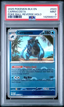 2025 POKEMON BLK EN-BLACK BOLT POKE BALL REVERSE HOLO #023 CARRACOSTA PSA 9 - Image 1