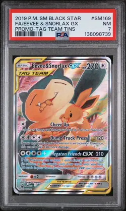 2019 POKEMON SM BLACK STAR PROMO TAG TEAM TINS FULL ART/EEVEE & SNORLAX GX PSA 7 - Image 1
