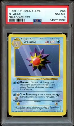 PSA 8 NM-MINT Starmie 64/102 SHADOWLESS Base Set Pokemon Card 507 - Image 1