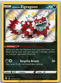 Galarian Zigzagoon SV078/SV122 Shiny Rare Shining Fates Shiny Vault Pokemon NM - Image 1