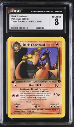 CGC 8 Dark Charizard 21/82 Team Rocket 1st Edition Pokemon Card - Image 1