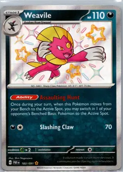 Weavile 183/091 Shiny Rare Paldean Fates Pokemon Holo Near Mint - Image 1