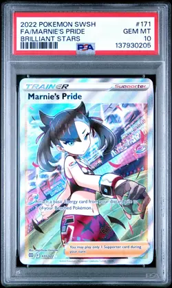 2022 POKEMON SWORD & SHIELD BRILLIANT STARS #171 FULL ART/MARNIE'S PRIDE PSA 10 - Image 1