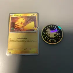 Pokemon Pikachu 051/162 Stamped Comos Holo Card with Coin Pokemon Day 2026. NM - Image 1