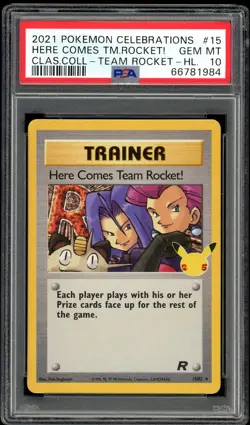 2021 Pokemon Here Comes Team Rocket! 15/82 Celebrations Holo Trainer PSA 10 - Image 1