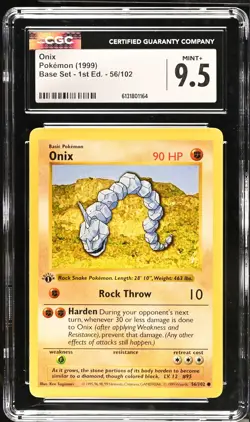 CGC 9.5 MINT+ Onix 56/102 1st Edition Shadowless Base Set Pokemon Card - Image 1