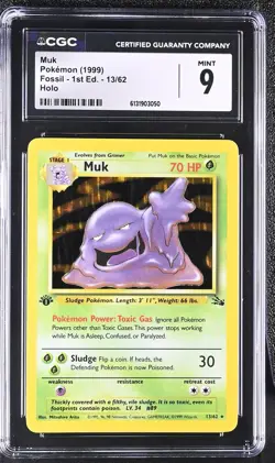 CGC 9 MINT Muk 13/62 Fossil 1st Edition Holo Pokemon Card - Image 1