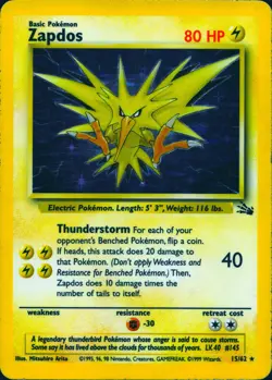ZAPDOS 15/62 HOLO RARE FOSSIL POKEMON UNLIMITED HOLO MP - Image 1