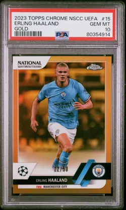 2023 Topps Chrome NSCC UEFA Erling Haaland Gold /50 PSA 10 - Image 1