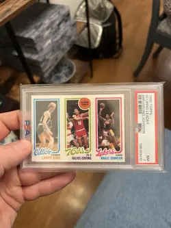 1980-81 Topps Magic Johnson, Larry Bird, Julius Erving #139-174-34 (RC) PSA 7 NM - Image 1