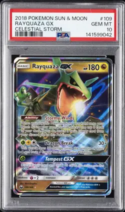2018 POKEMON SUN & MOON CELESTIAL STORM #109 RAYQUAZA GX PSA 10 - Image 1