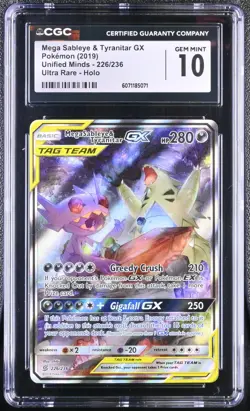 2019 POKEMON #226/236 MEGA SABLEYE & TYRANITAR GX CGC 10 GEM MINT - Image 1