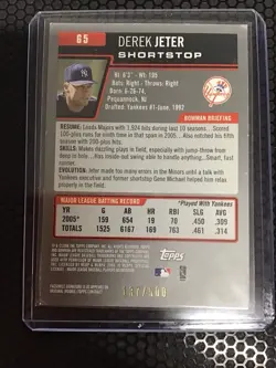 2006 Bowman Derek Jeter Blue #’d137/500 - #65 HOF New York Yankees - Image 2