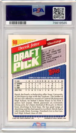 Derek Jeter 1993 Topps Rookie 1992 Draft Pick PSA 9 New York Yankees - Image 2