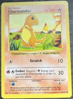 Charmander 046/102 Pokemon TCG WOTC Base Set Shadowless Common Light Play LP - Image 1