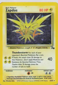 Pokemon TCG Zapdos Fossil 15 Holo Unlimited Holo Rare Vintage WOTC - Image 1