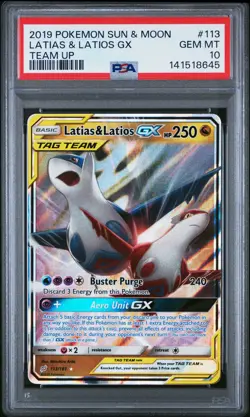 2019 POKEMON SUN & MOON TEAM UP #113 LATIAS & LATIOS GX PSA 10 - Image 1